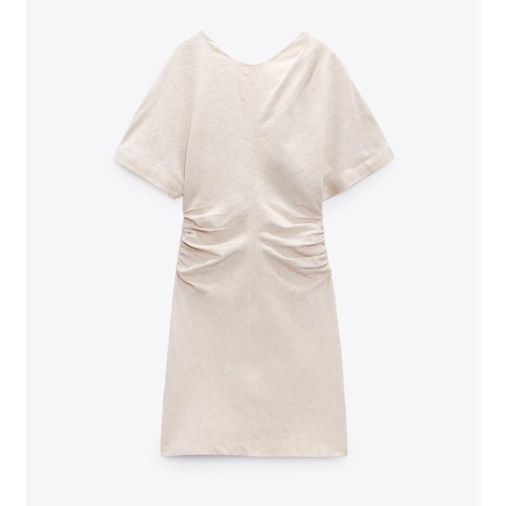 Zara Linen Blend Cream Ruched Dress